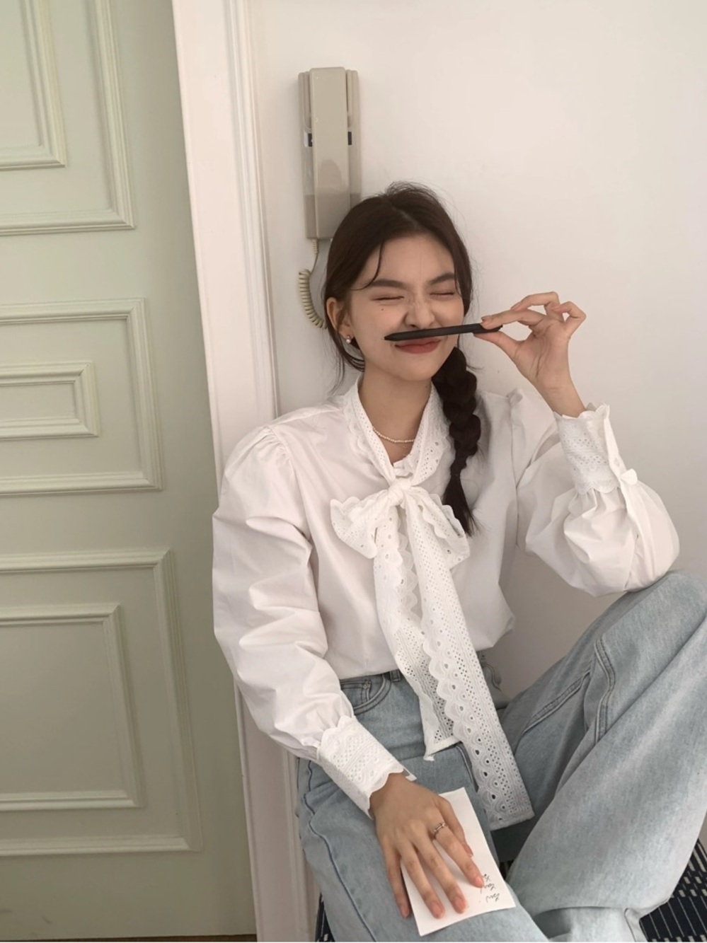 Korean White Eyelet Tie-Neck Blouse - Picture 2 of 5